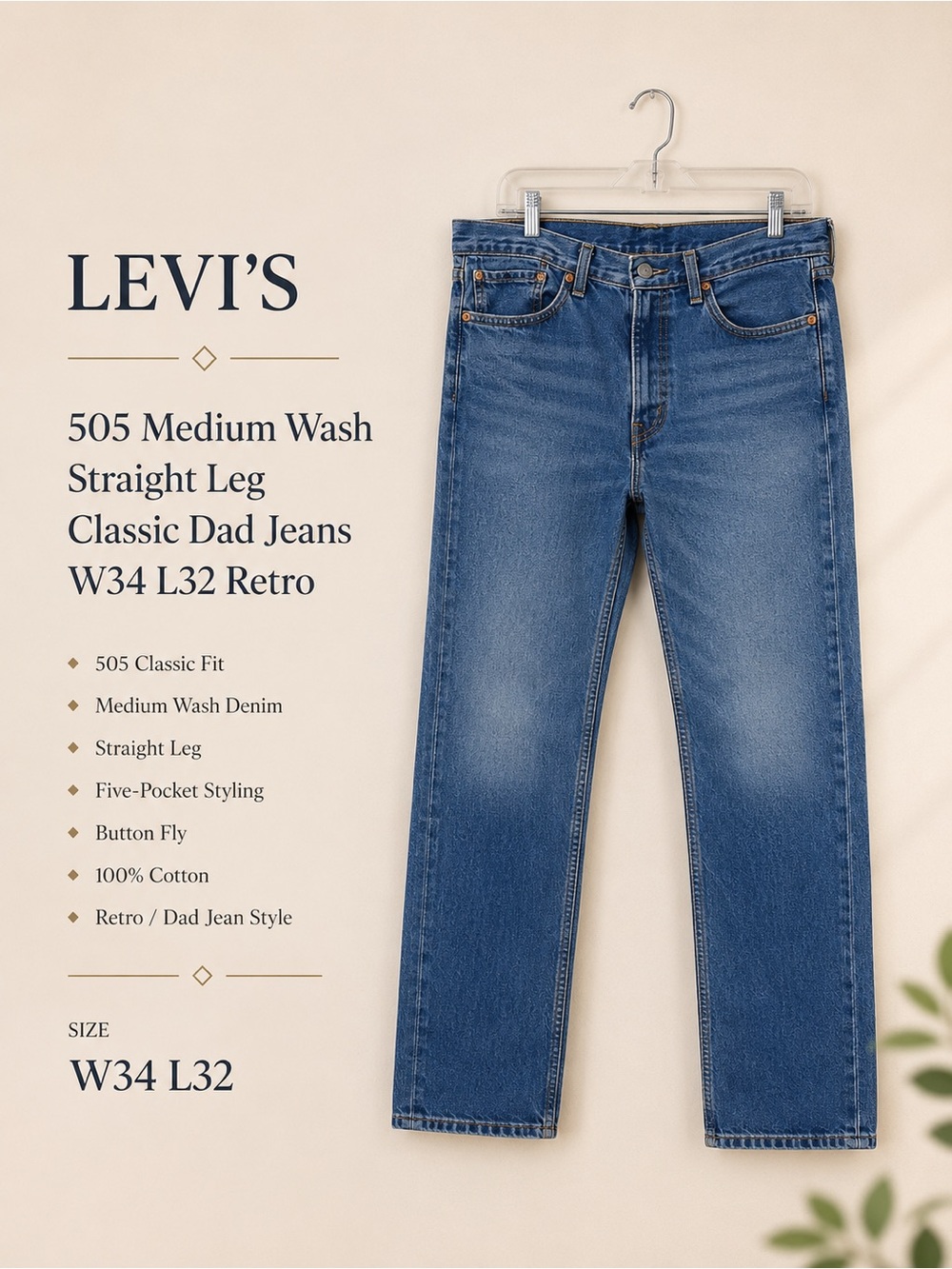 Levi’s 505 Medium Wash Straight Leg Classic Dad Jeans W34 L32 Retro
